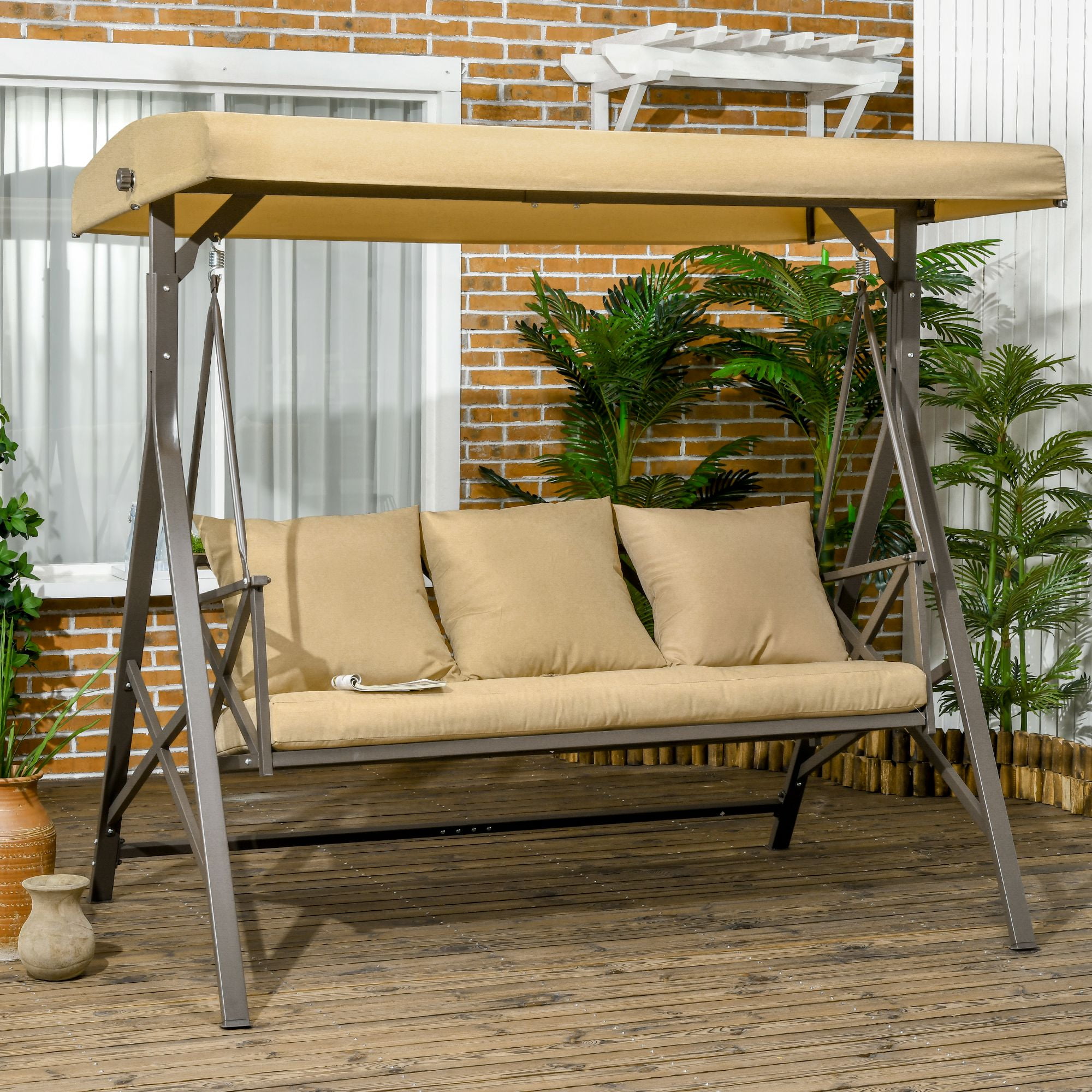 Outsunny 3-Seat Outdoor Porch Swing, Adjustable Canopy, Cushions, Khaki