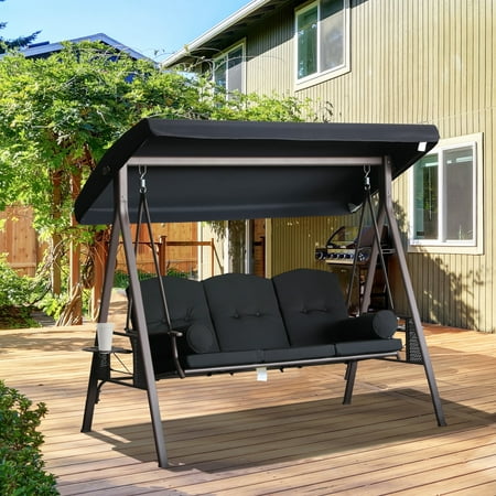 Outsunny 3-Seat Patio Swing w/ Tilt Canopy, Cushions & Cup Tray, Black