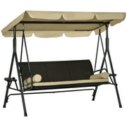 Outsunny 3-Seat Porch Swing with Canopy, Outdoor Swing Chair with Removable Cushion, Pillows, Adjustable Shade, and Rattan Seat