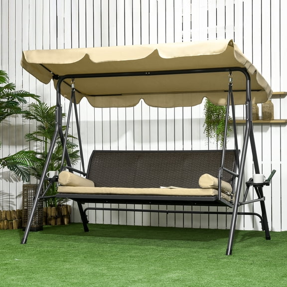 Outsunny 3-Seat Porch Swing with Canopy, Outdoor Swing Chair with Removable Cushion, Pillows, Adjustable Shade, and Rattan Seat