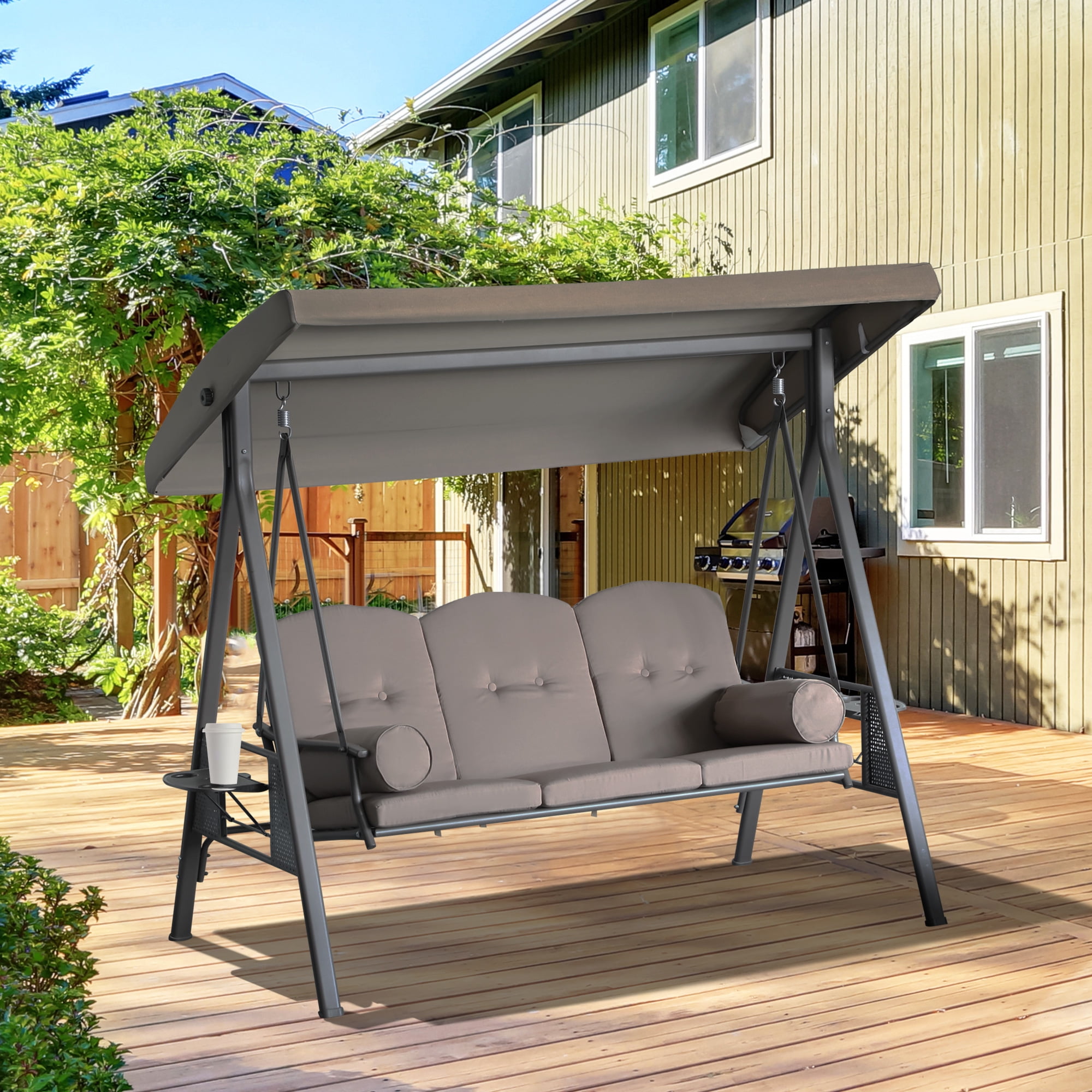 Outsunny 3-Seat Patio Swing w/ Tilt Canopy, Cushions & Cup Tray, Brown ...