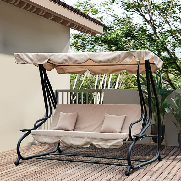 Outsunny 3-Seat Steel Outdoor Canopy Porch Swing with Cushions and Pillows, Light Brown