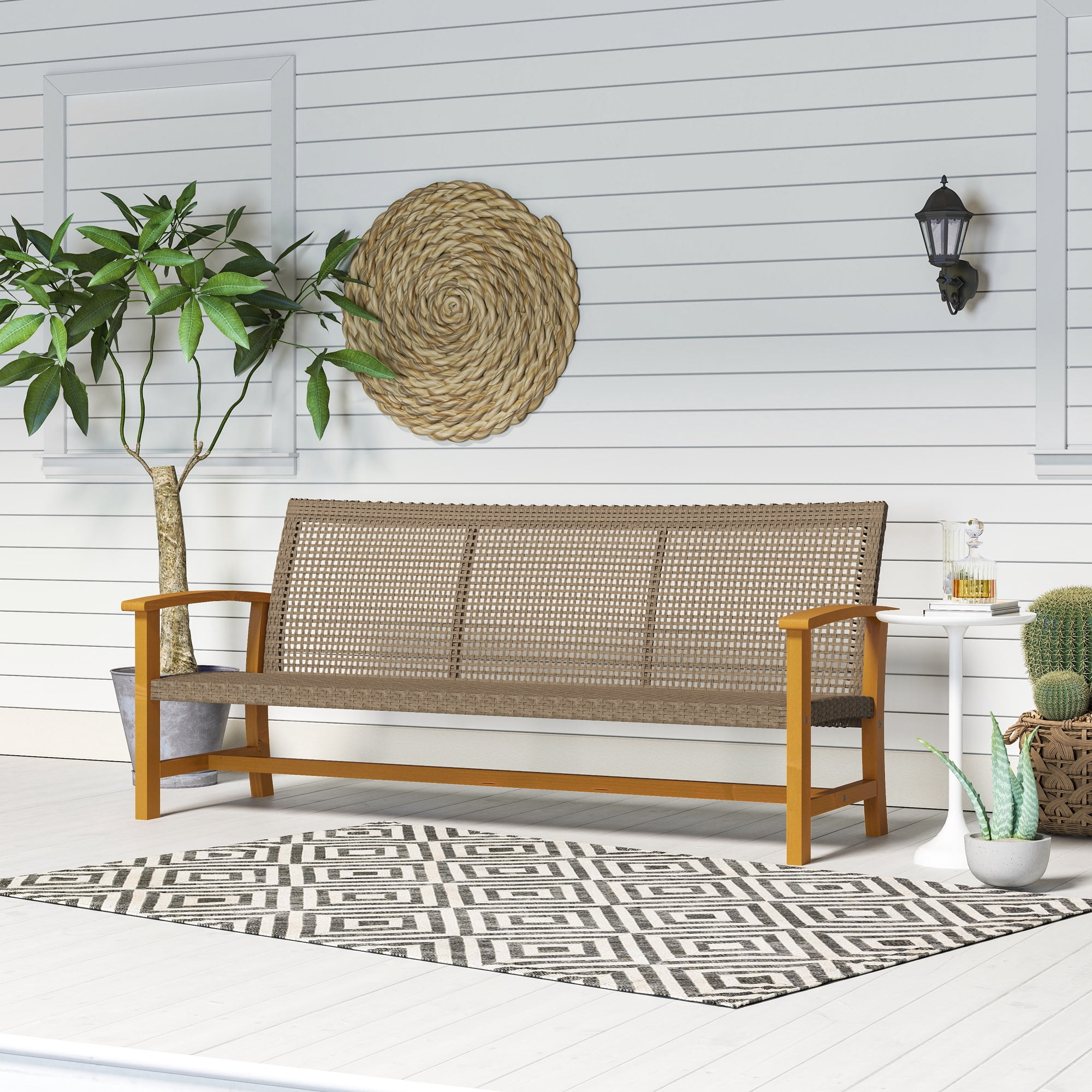 Outsunny 3-Seat Wicker Outdoor Couch Patio Sofa, 1000 lbs. Capacity, Acacia Wood Patio Furniture with Steel Seat Armrests for Backyard, Porch, Teak