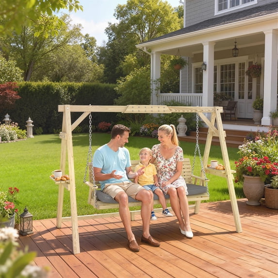 Outsunny 3 Seat Wooden Porch Swing with Stand, Patio Swing Chair with Cushion, Natural Wood