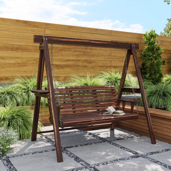 Outsunny 3 Seat Wooden Porch Swing with Stand, Patio Swing Chair with Side Tables, Carbonized Brown
