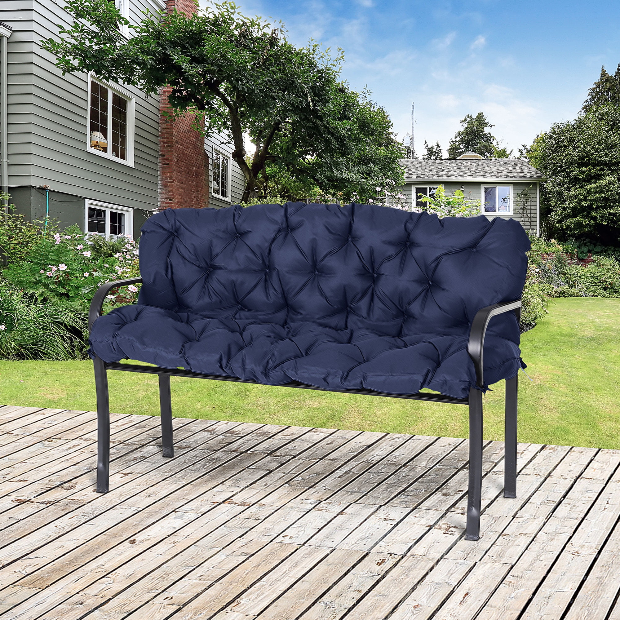 Dark Blue Tufted 3-Seater Outdoor Bench Cushion with Backrest