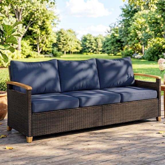Outsunny 3 Seater Outdoor Couch Sofa, PE Wicker Patio Sofa with Wide Deep Seat, 4" Cushions, Wood-Effect Armrests and Legs, Dark Blue