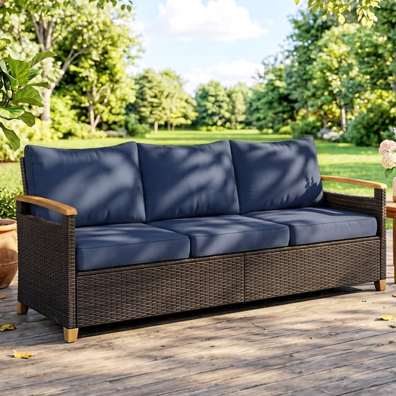 Outsunny 3 Seater Outdoor Couch Sofa, PE Wicker Patio Sofa with Wide Deep Seat, 4" Cushions, Wood-Effect Armrests and Legs, Dark Blue