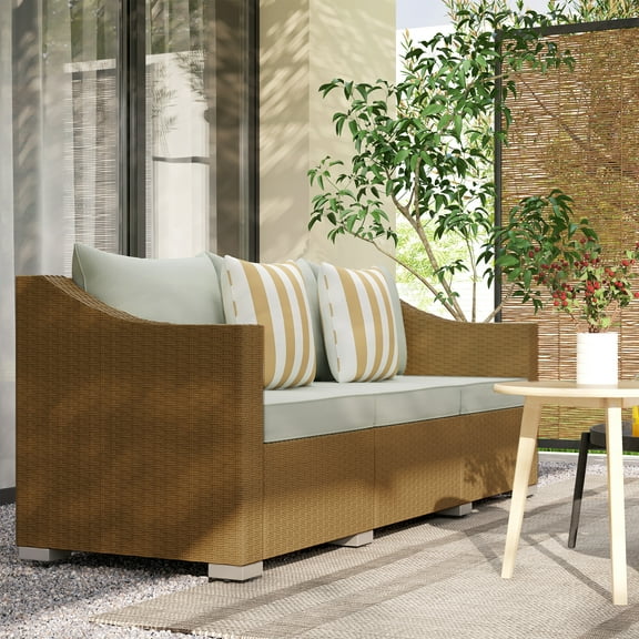 Outsunny 3 Seater Patio Wicker Sofa, Outdoor Furniture Rattan Couch with Cushions, Throw Pillows, for Garden, Backyard, Porch, Light Gray
