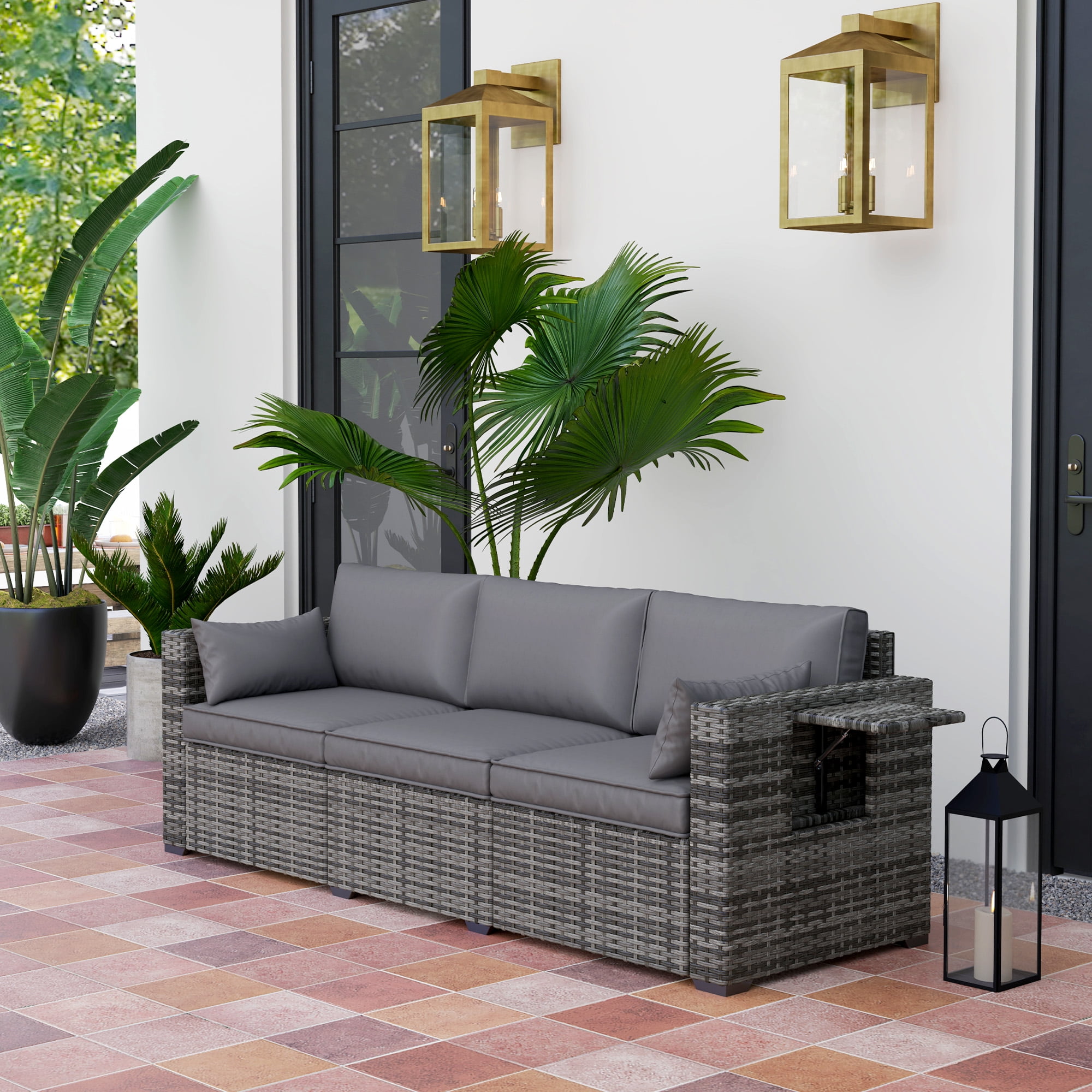 Outsunny 3 Seater Wicker Sofa with Side Trays, Rattan Outdoor Patio Couch with 6" Thick Back Cushions, Deep Seating for Porch, Garden, Mixed Gray