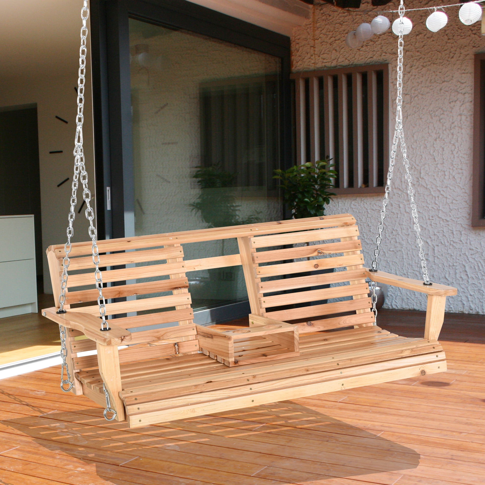 Natural Fir Wood 3-Seater Porch Swing with Folding Table