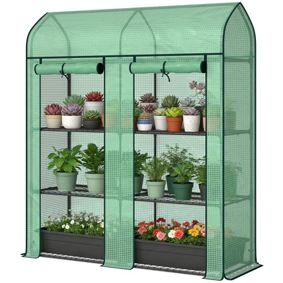 Outsunny 3-Tier Mini Greenhouse, Portable Small Plant Shelving Unit with UV-Resistant PE Cover & 2 Roll-Up Doors, 56.3" x 18.1" x 65" Green, for Patio, Garden & Backyard