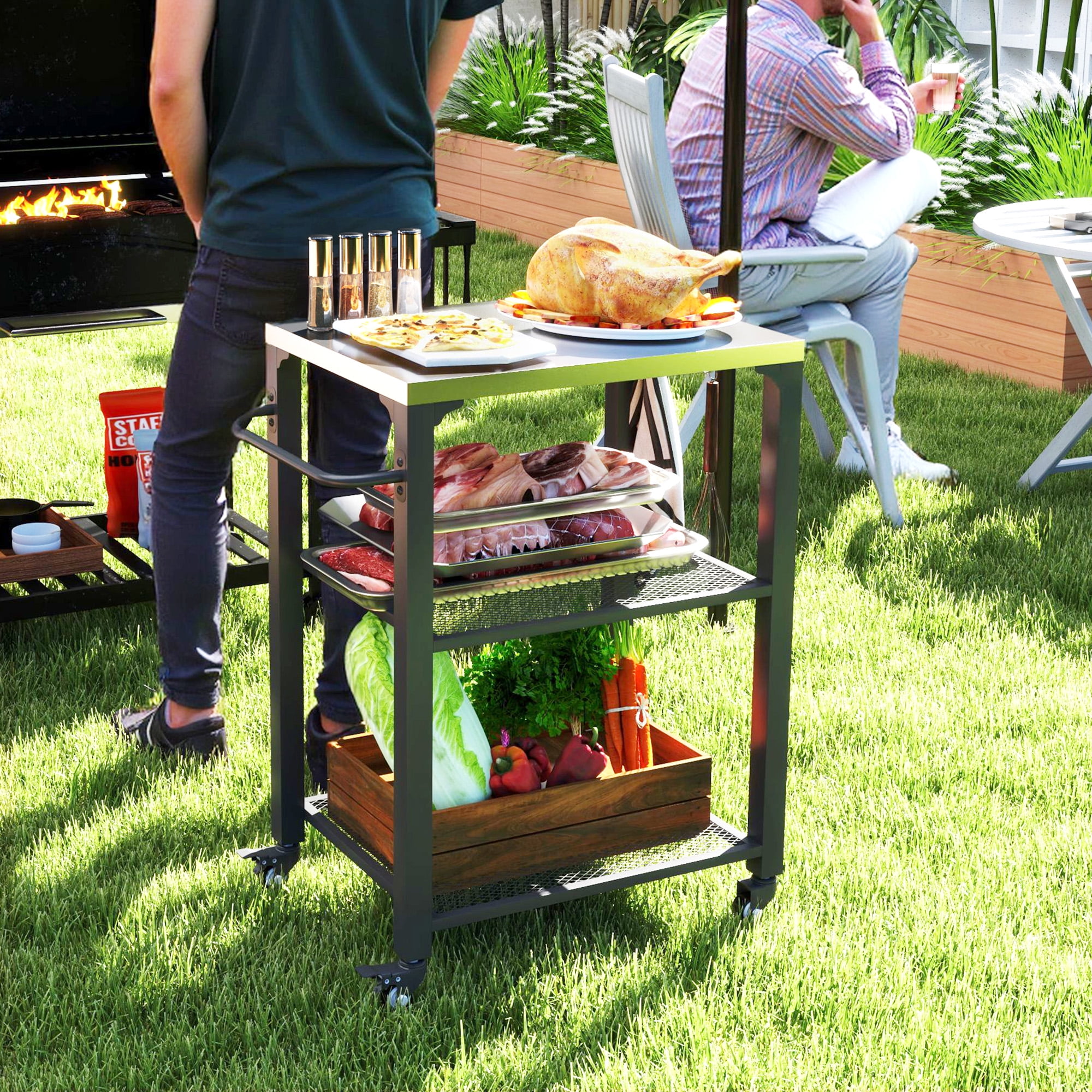 Three-Shelf Black and Silver Outdoor Grill Cart with Stainless Steel Tabletop