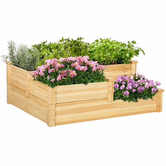 Outsunny 3 Tier Raised Garden Bed, Wooden Planter Box with Open Bottom, 42.5" x 34.75" x 14.25", Natural Fir