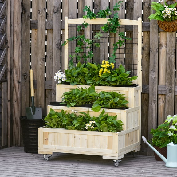 Outsunny 3-Tiers Raised Garden Bed with Wheels, Trellis, Back Storage Area, Easy Movable Wooden Planter Boxes for Flowers, Vegetables, Herbs, Natural