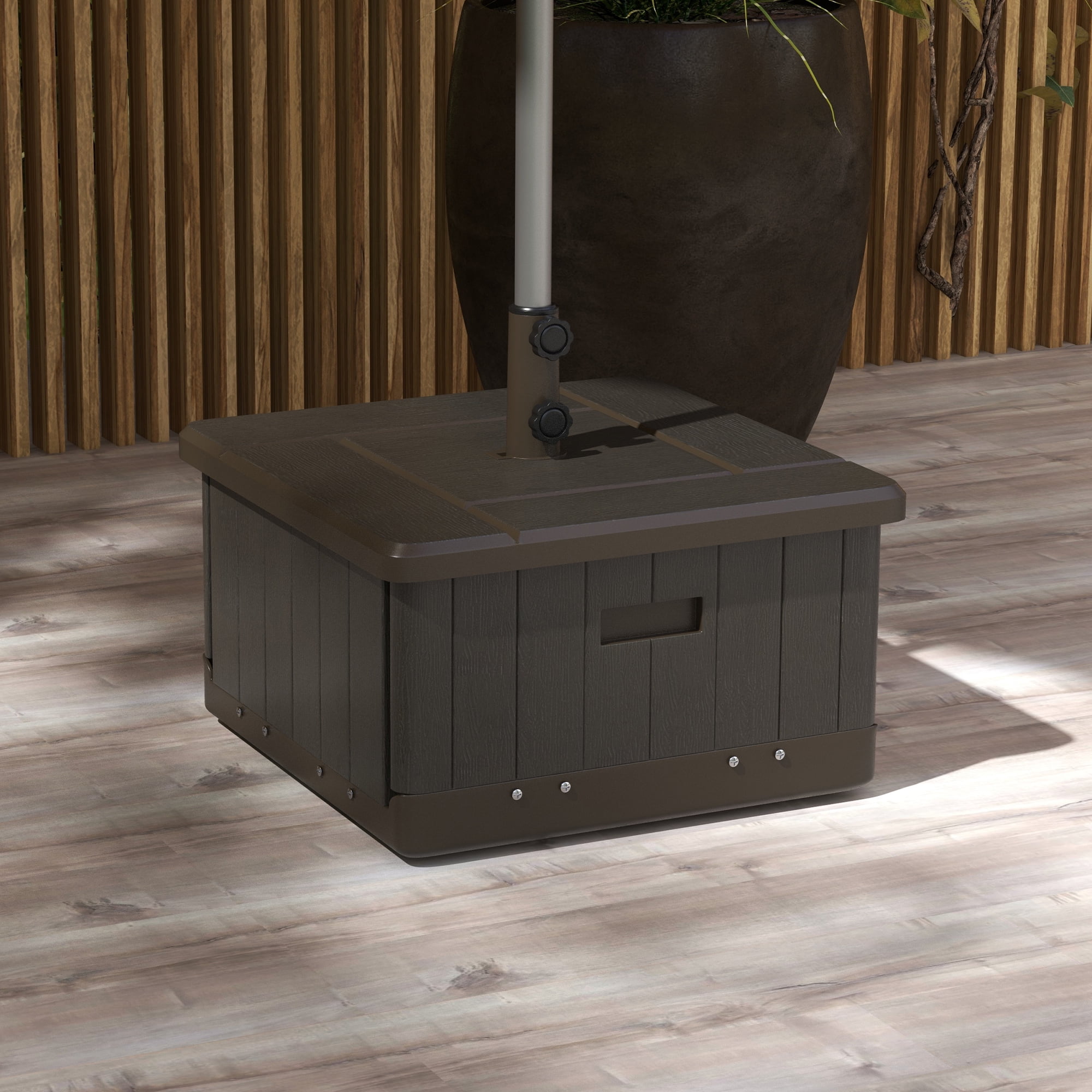 Outsunny 3-in-1 Outdoor Umbrella Base with Wheels and Handles, Coffee End Table, Flower Box Planter with Hole, 175 lbs. Capacity, Brown