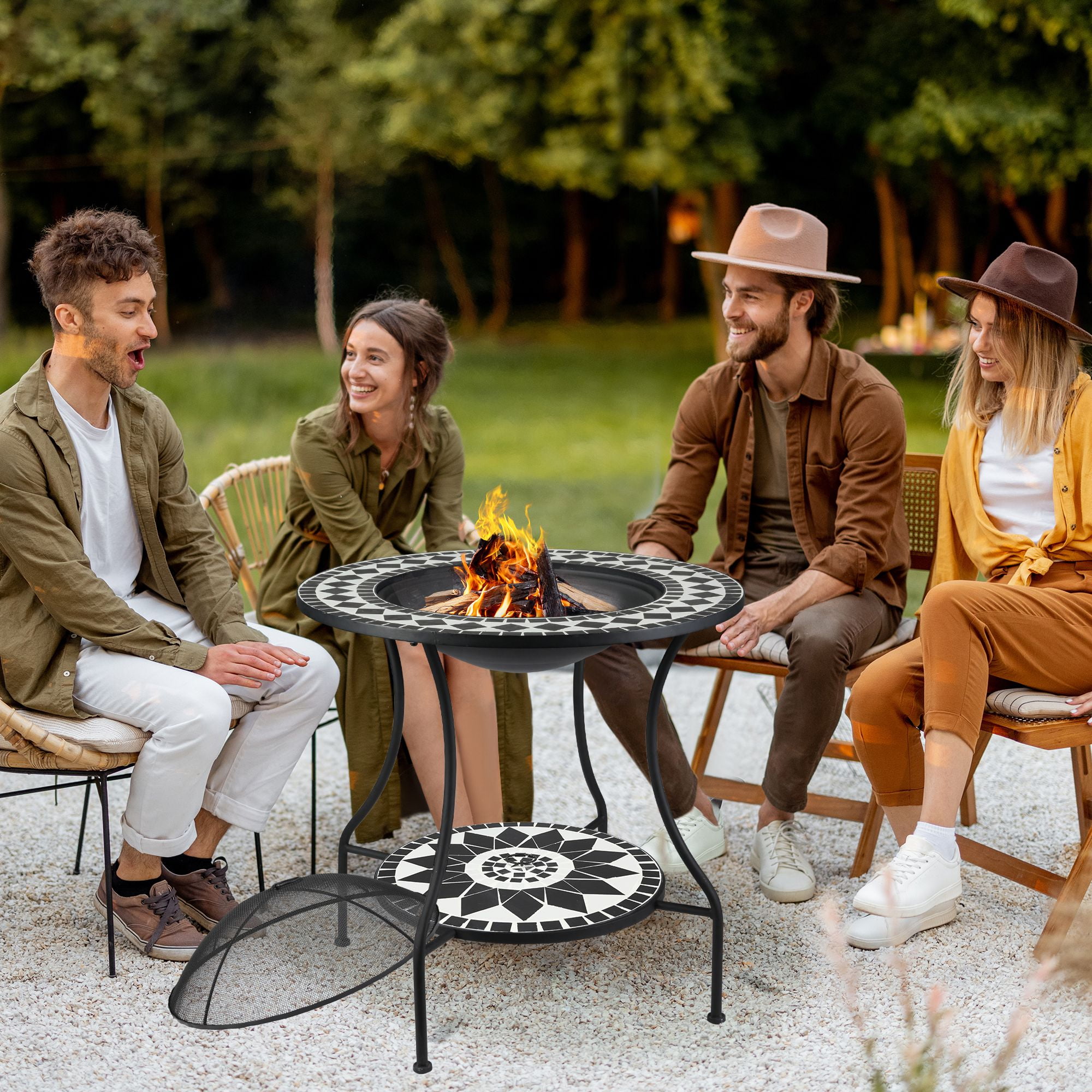 Outsunny 30" Outdoor Fire Pit Dining Table, 3-in-1 Round Wood Burning Fire Pit Bowl, Patio Ice Bucket with Storage Shelf, Spark Screen Cover, Mosaic