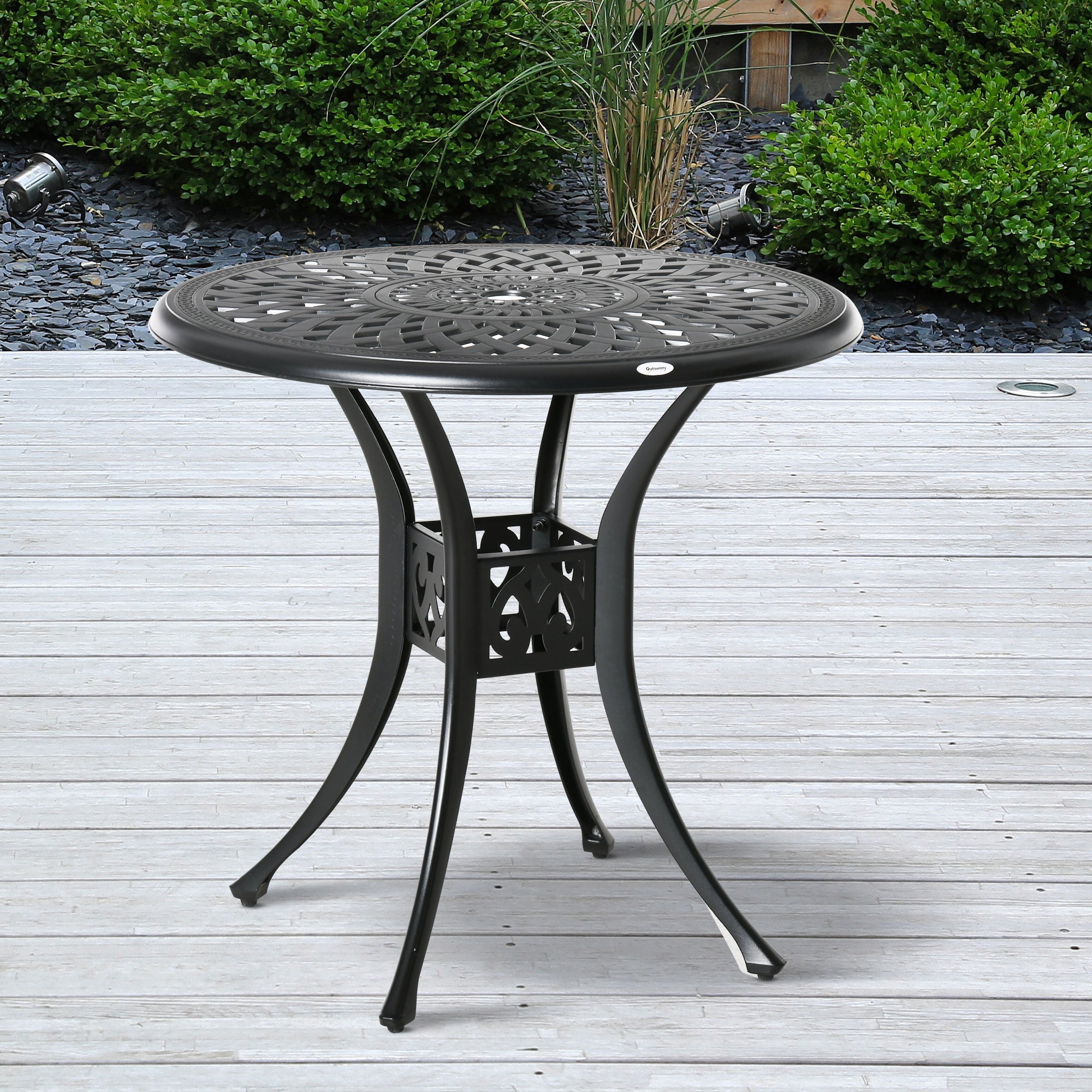 Antique Black Cast Aluminum Round Patio Dining Table with Umbrella Hole