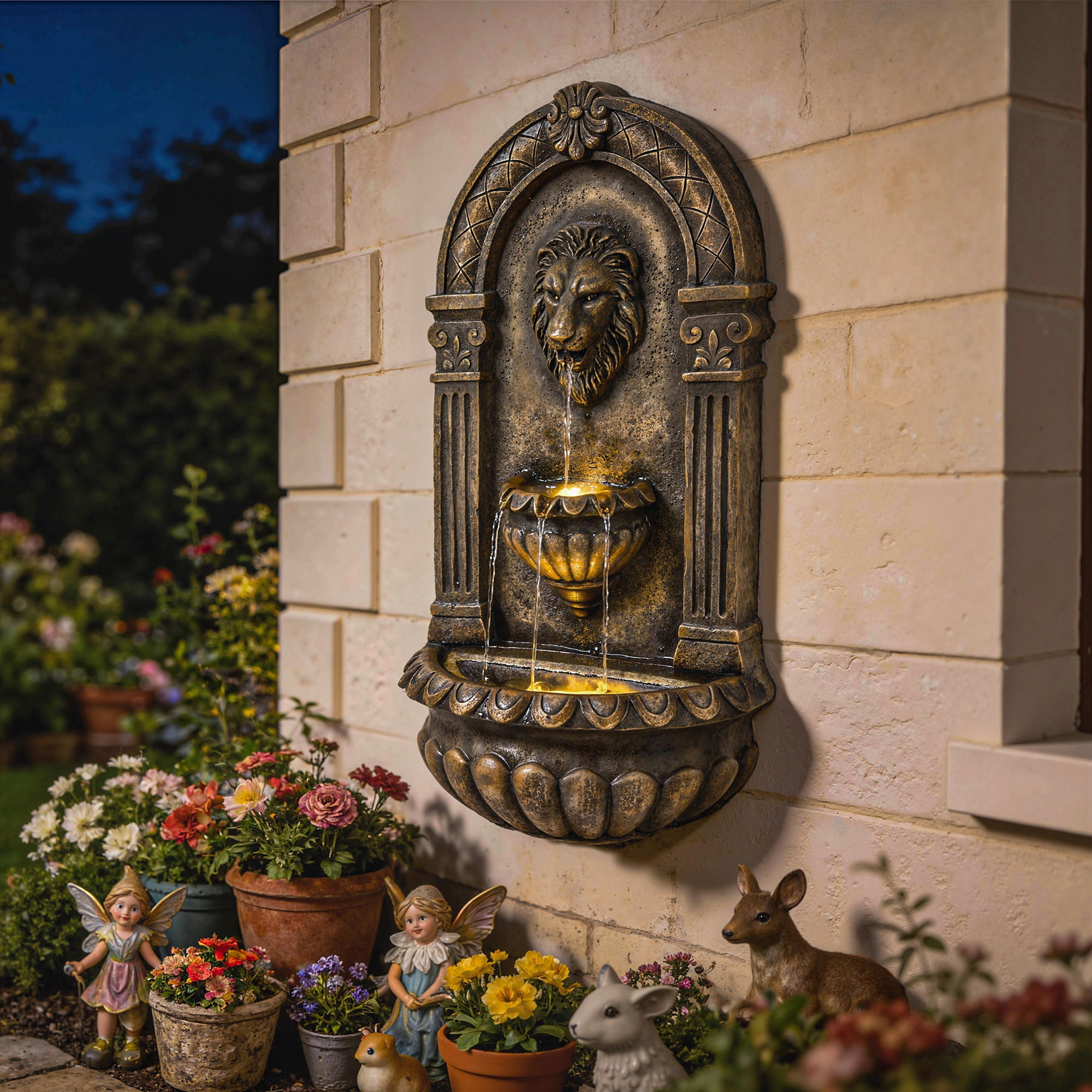 Outsunny 31" Wall-Mounted Outdoor Fountain, 3-Tier Cascading Waterfall Feature with LED Lights, Bronze