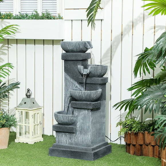 Outsunny 33.5" Outdoor Water Fountain, 4-Tier Floor Standing Resin Cascading Bowls Waterfall Fountain with LED Lights, Pump
