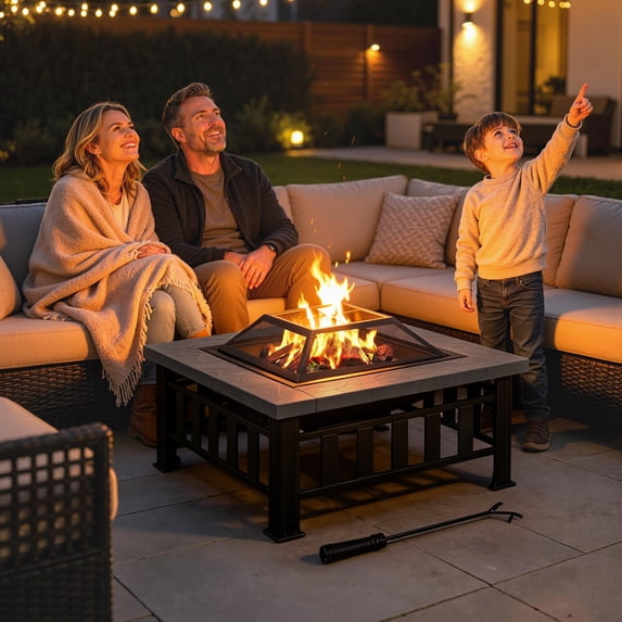 Outsunny 34" Outdoor Fire Pit Square Steel Wood Burning Firepit Bowl with Spark Screen, Waterproof Cover, Log Grate, Poker for BBQ, Bonfire
