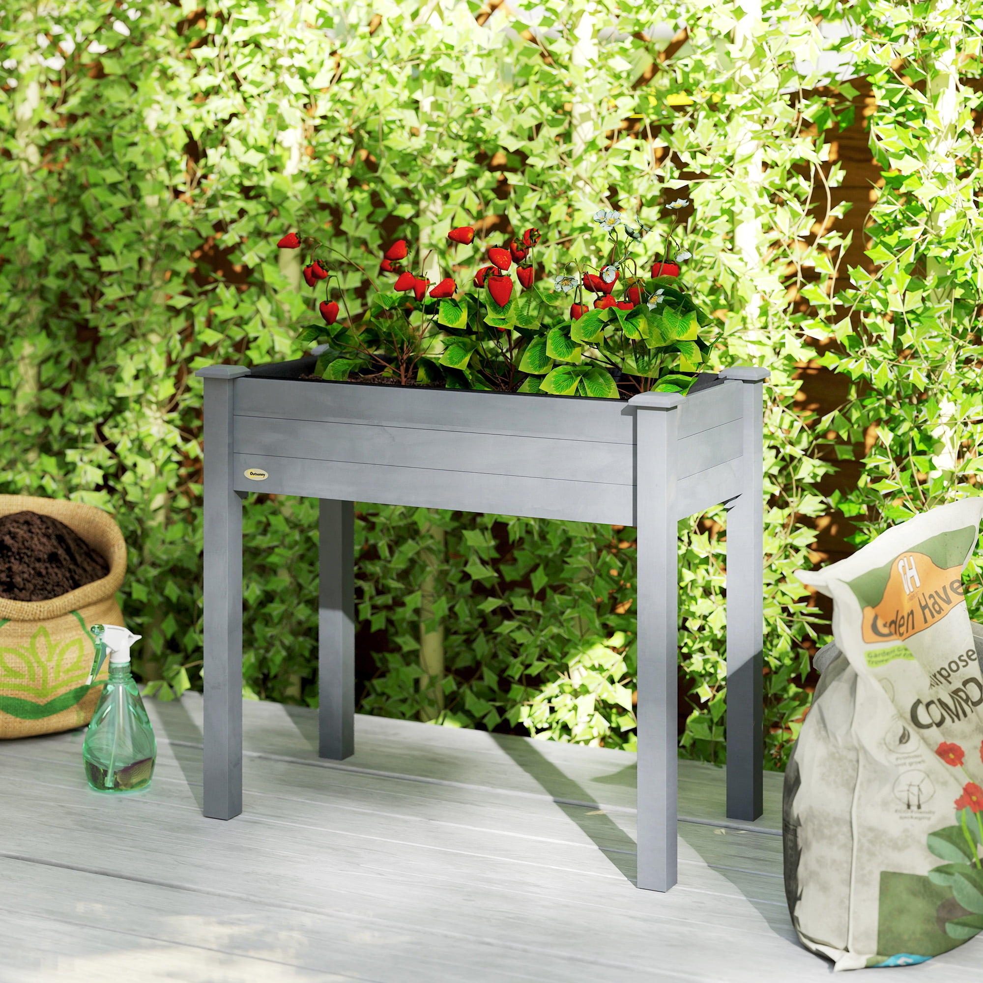 Outsunny 34" Raised Garden Bed, Elevated Wooden Planter Box w/ Draining Holes for Vegetables, Herb and Flowers Backyard, Patio, Balcony Use, Dark Gray