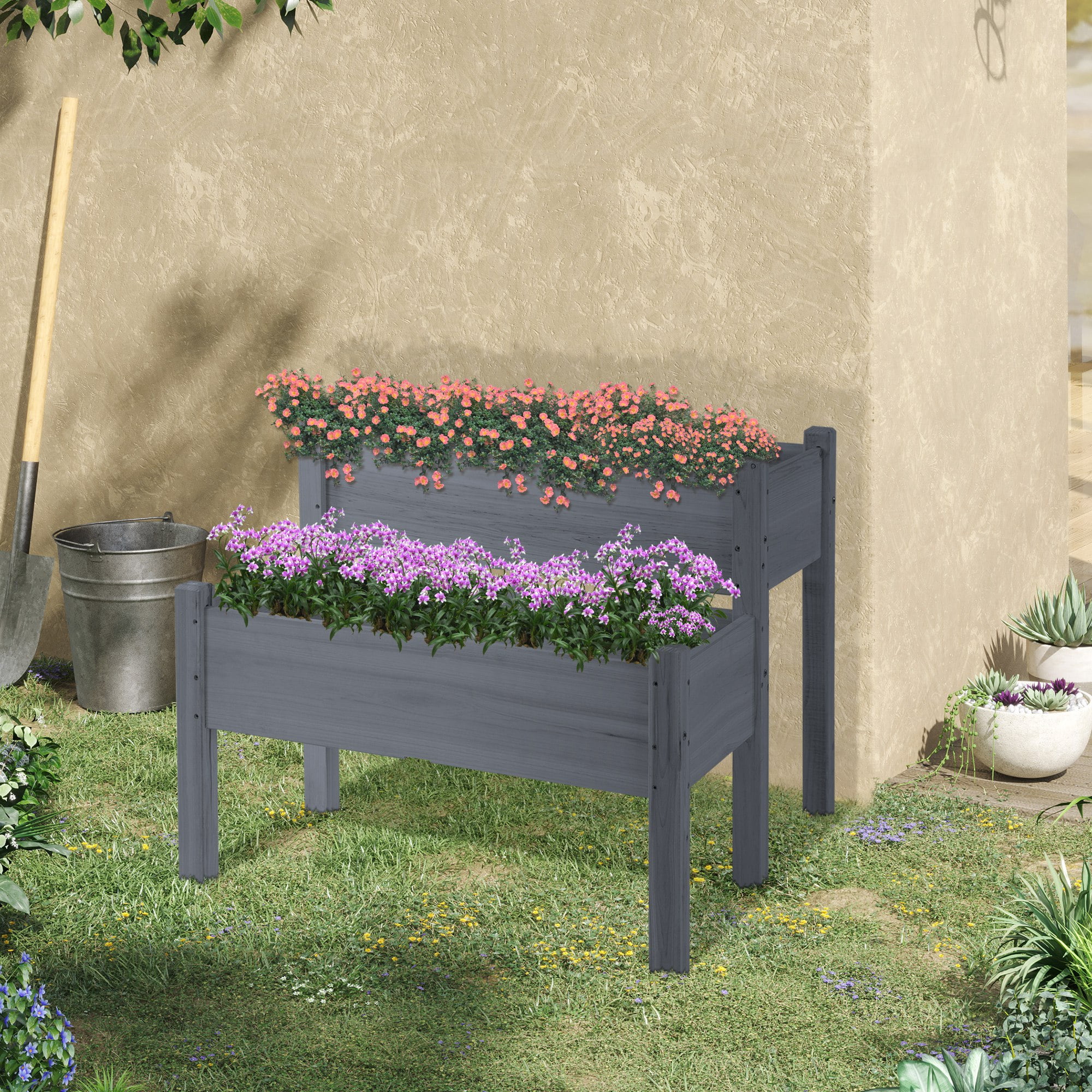 Ascend 34" Gray 2-Tier Wooden Raised Garden Bed for Outdoor Spaces