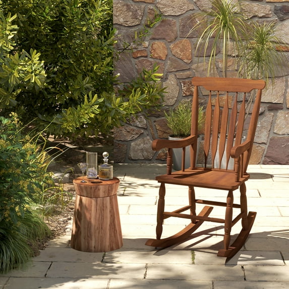 Outsunny 350 lbs Outdoor Wood Rocking Chair with High Back for Patio Teak