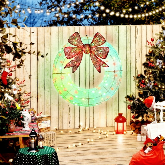 Outsunny 36 Inch Lighted Christmas Decoration with Dual Color LED Light, Metal Wreath Decor with Daily Timer, Remote for Indoor Outdoor