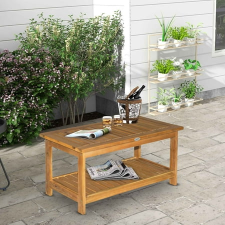 Outsunny 36" Outdoor Coffee Table 2-Shelf Acacia Wood Rectangular Buffet Storage Organizer Natural Finish Teak Patio, Deck, Lawn, Garden