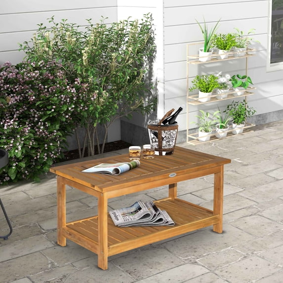 Outsunny 36" Outdoor Coffee Table 2-Shelf Acacia Wood Rectangular Buffet Storage Organizer Natural Finish Teak Patio, Deck, Lawn, Garden