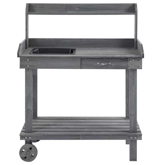 Outsunny 36'' Wooden Potting Bench Work Table with 2 Removable Wheels, Sink, Drawer & Large Storage Spaces, Gray