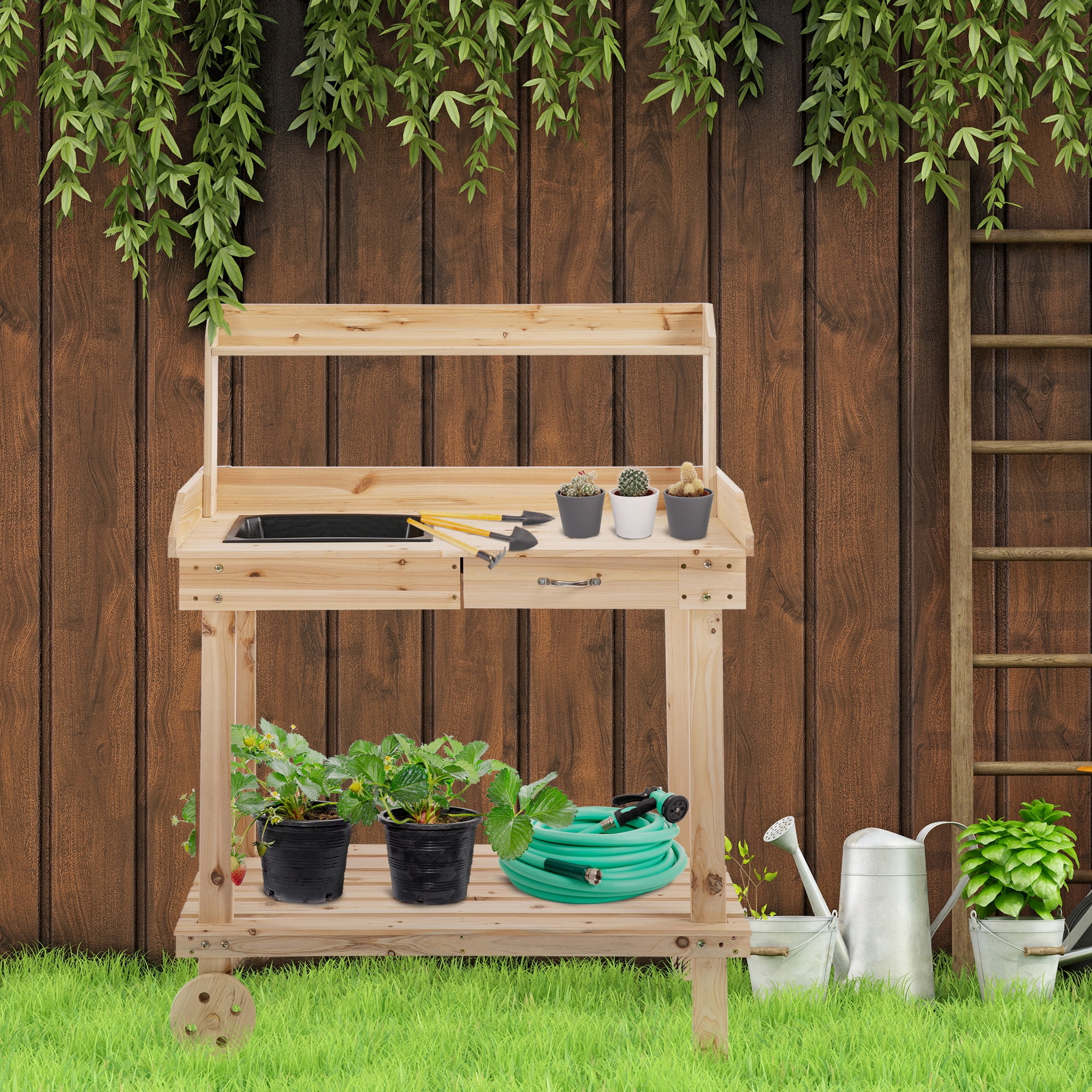 Outsunny Natural Solid Wood 36 Potting Bench 2 Removable Wheels with Sink Drawer