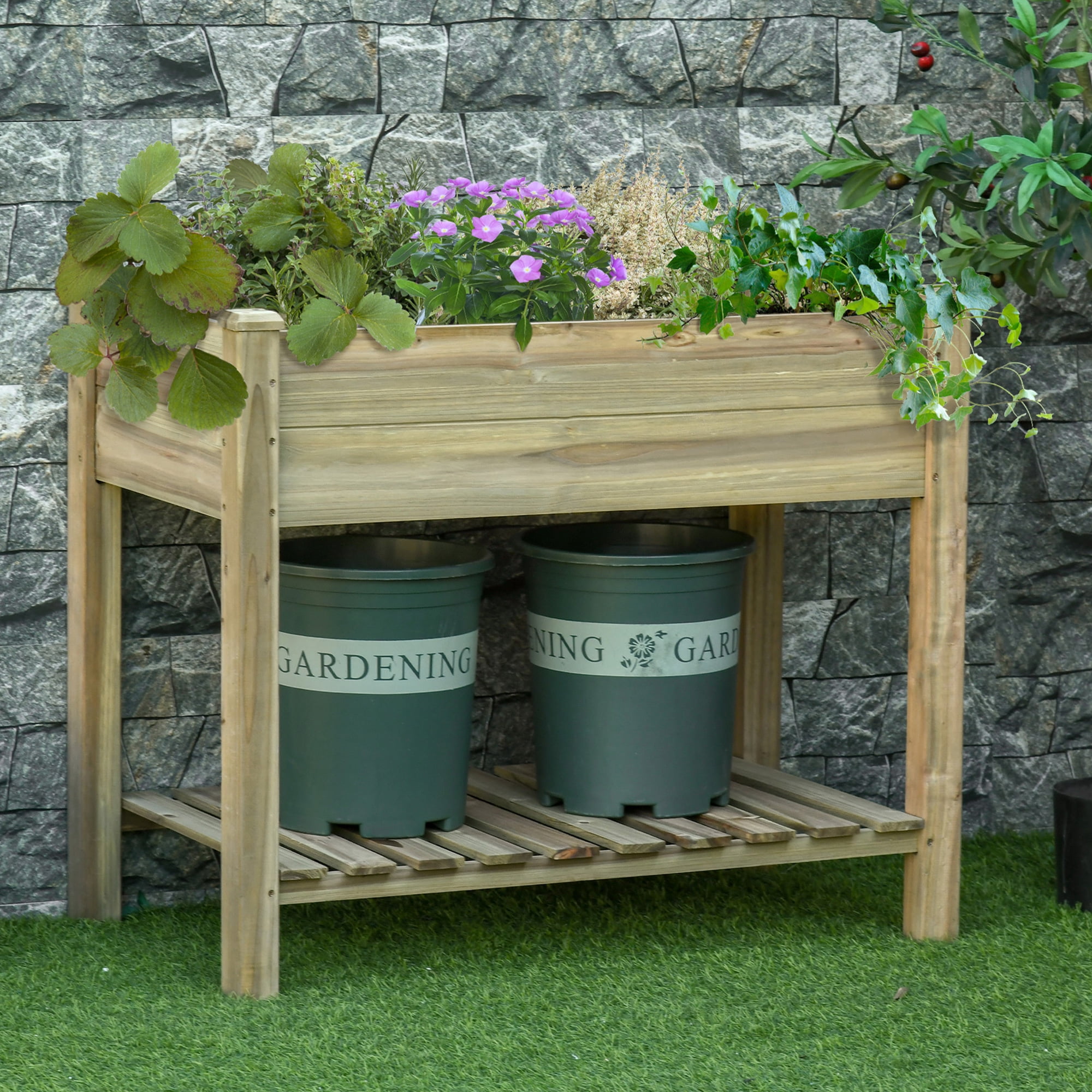Outsunny Elevated Fir Wood Planter Box with Storage Shelf