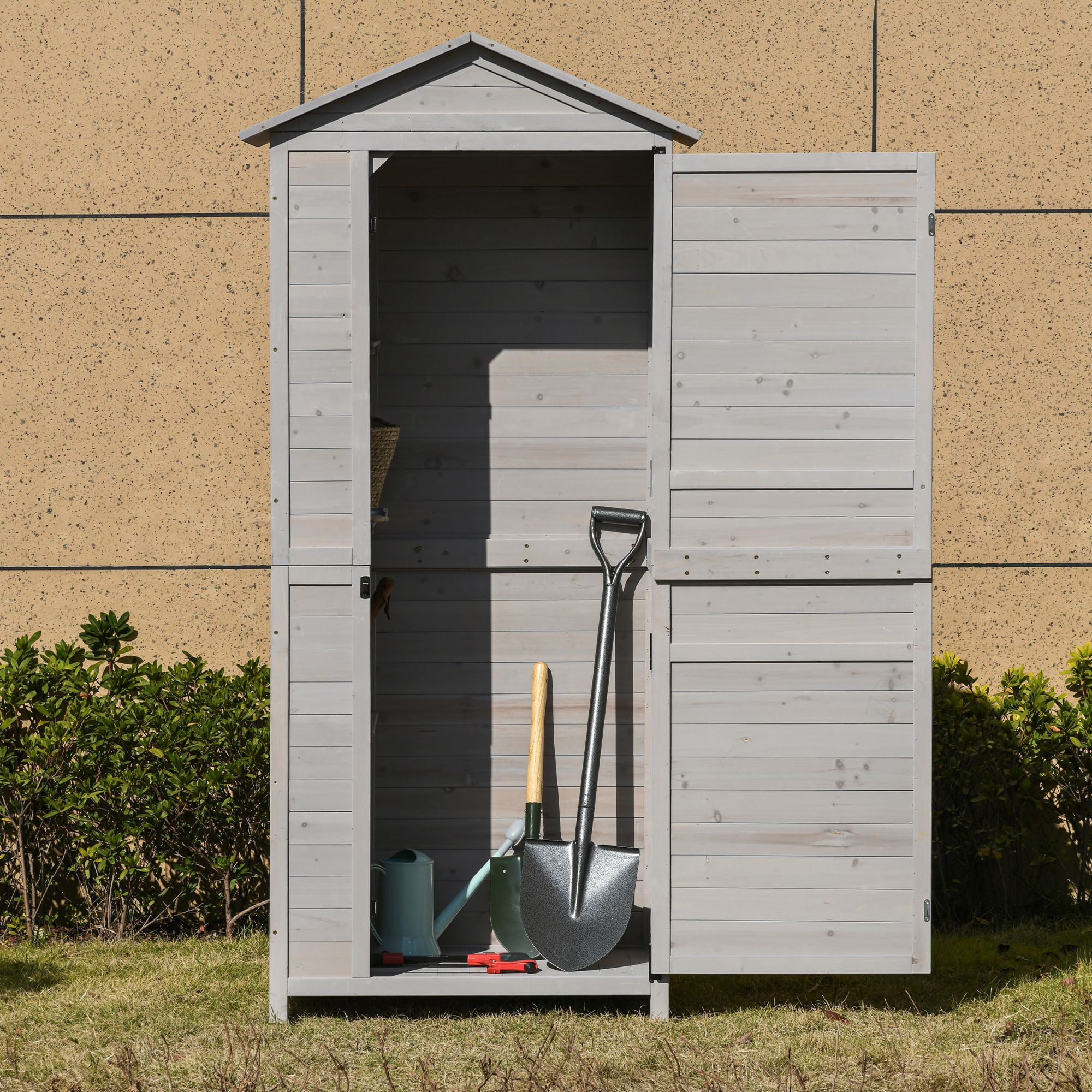 Light Gray Fir Wood Outdoor Storage Shed with Shelves