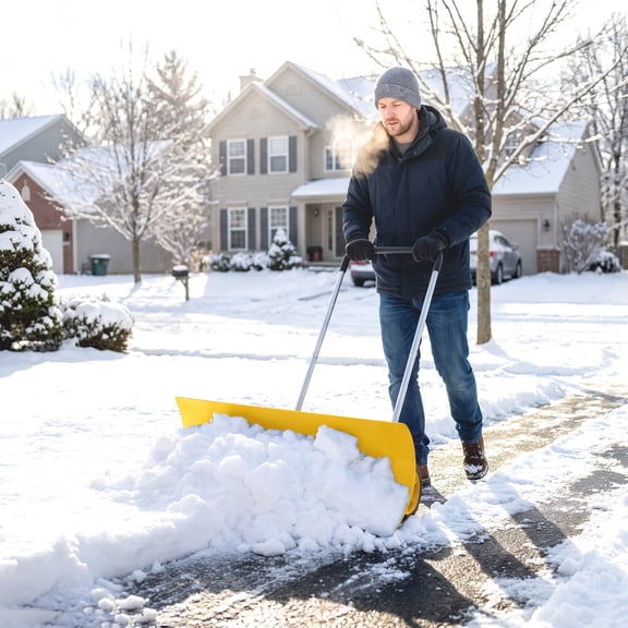 Outsunny 37-Inch Extra Wide Snow Shovel with Wheels, Heavy Duty Aluminum Snow Pusher with Ergonomic Adjustable Handle, Angled Blade, Yellow
