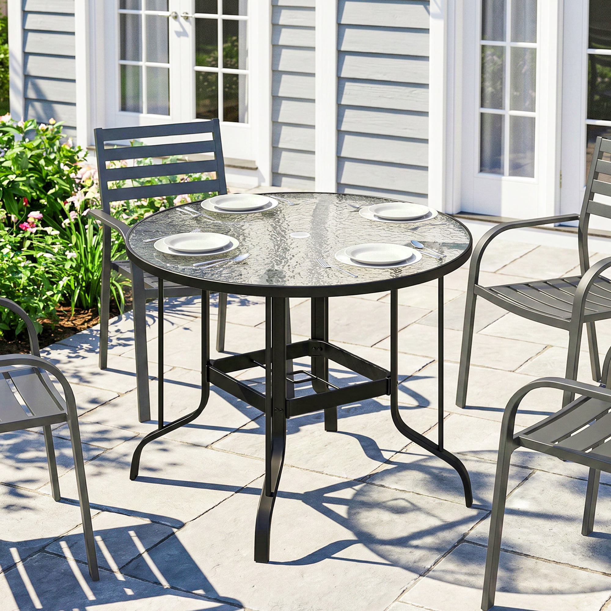 6 person round patio table with umbrella hole Outsunny 38" Round Patio Table with Umbrella Hole, Outdoor Dining Table Tempered Glass Metal Frame Bistro Table for Deck