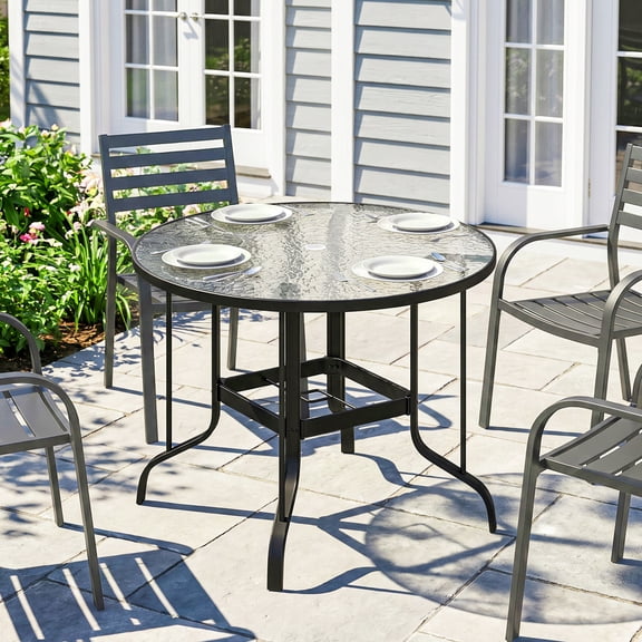 Outsunny 38" Round Patio Table, Outdoor Dining Table Tempered Glass Metal Frame Bistro Table with Umbrella Hole, for Deck, Yard, Balcony, Lawn, Pool