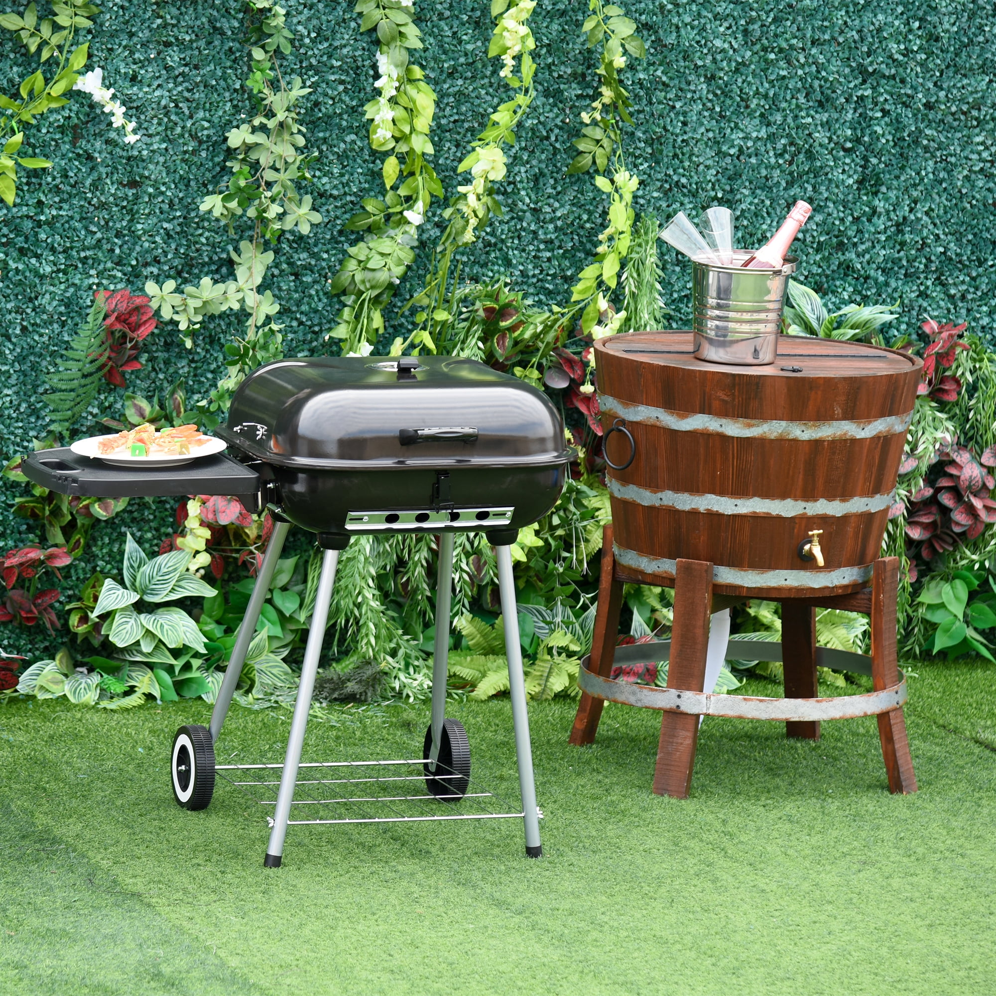 Portable Black Charcoal Grill with Smoker and Shelves