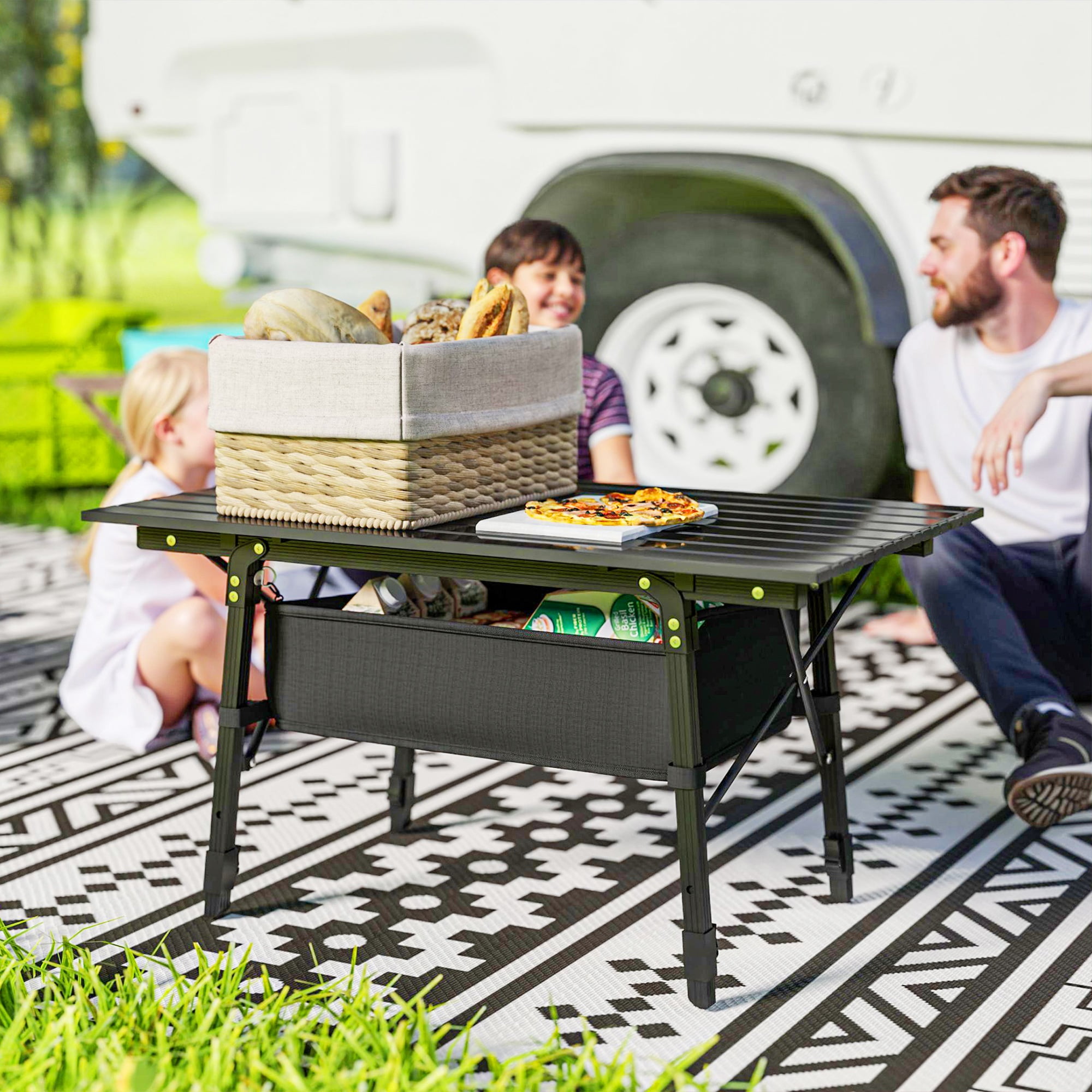 Adjustable Height Black Aluminum Folding Camping Table with Storage Bag