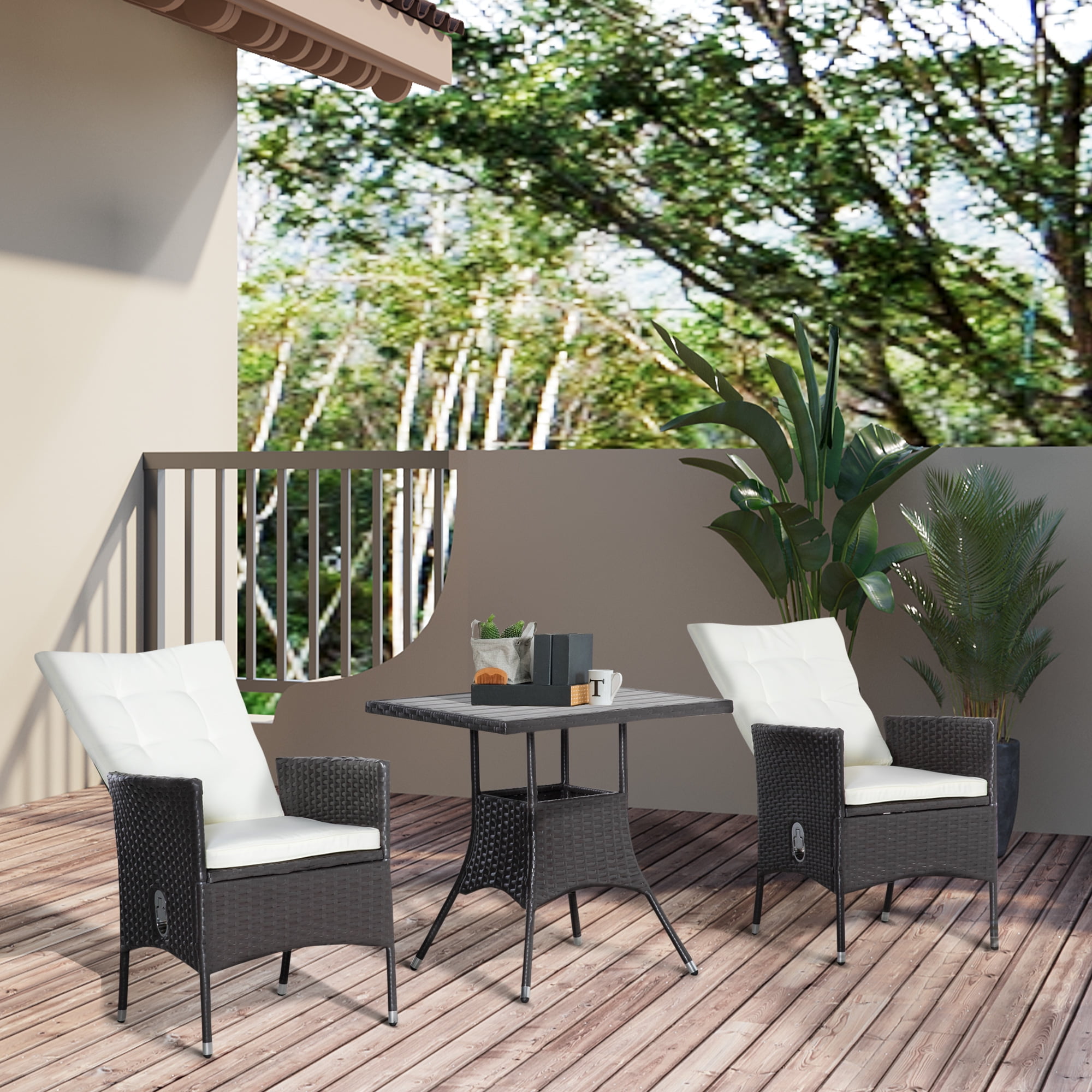 Luxe Off-White PE Rattan 3-Piece Outdoor Recliner Set with Wood-Grain Table