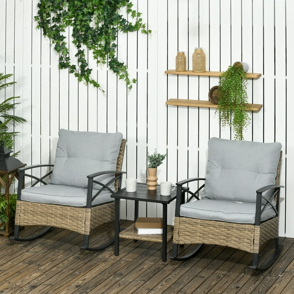 Outsunny 3 Piece Rocking Chair Bistro Set, Outdoor Wicker Porch Conversation Set with 2 Rockers, Table, Tufted Cushions for Garden, Light Gray