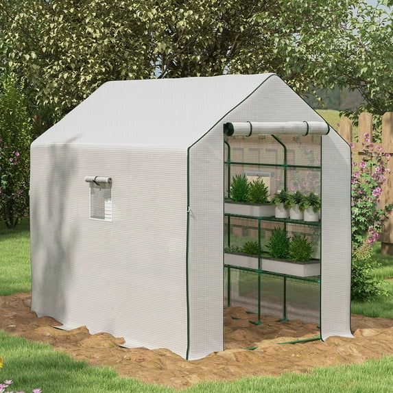 Outsunny 4.6' x 4.7' Small Portable Walk-In Greenhouse w/ Shelves, White