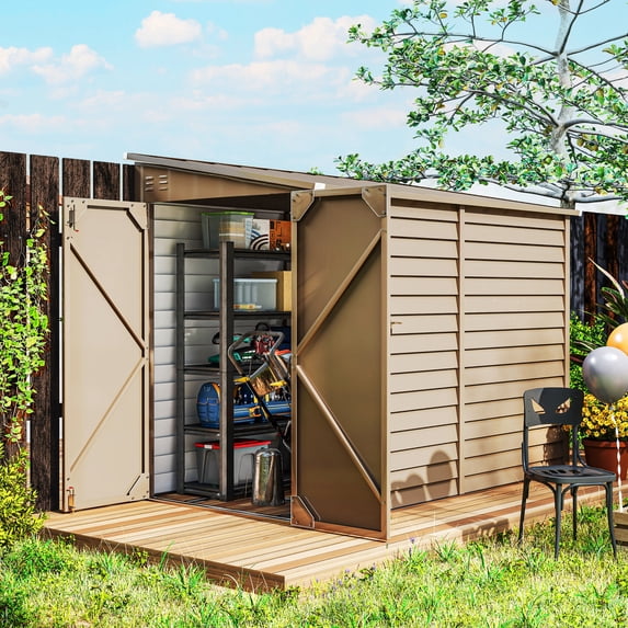 Outsunny 4.6' x 9' Metal Outdoor Storage Shed, Garden Utility Tool House with Double Lockable Doors for Backyard, Patio, Lawn, Garage, Brown