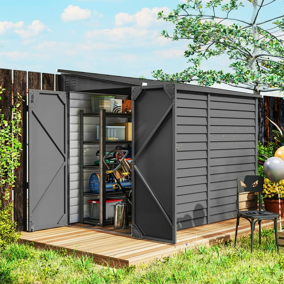Outsunny 4.6' x 9' Metal Outdoor Storage Shed, Garden Utility Tool House with Double Lockable Doors for Backyard, Patio, Lawn, Garage, Dark Gray