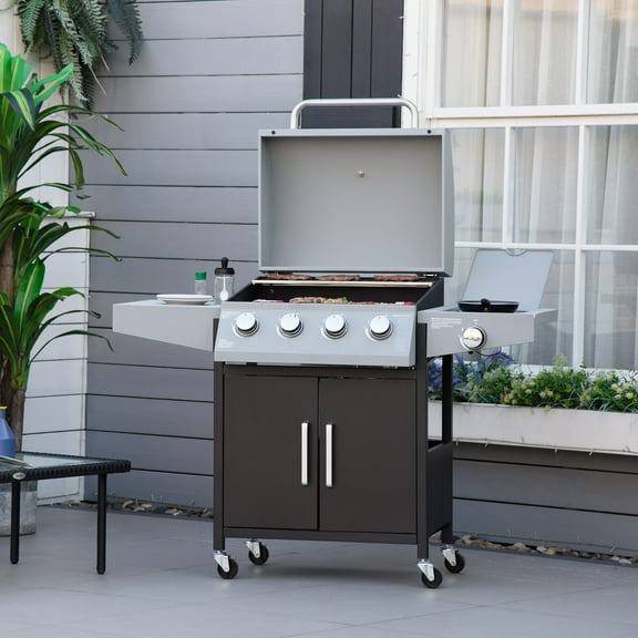 Outsunny 4 Burner Propane Gas Grill with Side Burner, 50,000 BTU Steel Outdoor Barbecue, Wheels, Warming Rack, Shelf, Cabinet, Thermometer, Silver