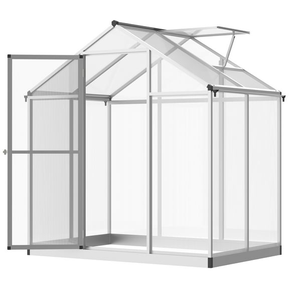 Outsunny 4' L x 6' W Walk-In Polycarbonate Greenhouse with Roof Vent for Ventilation & Rain Gutter, Hobby Greenhouse for Winter