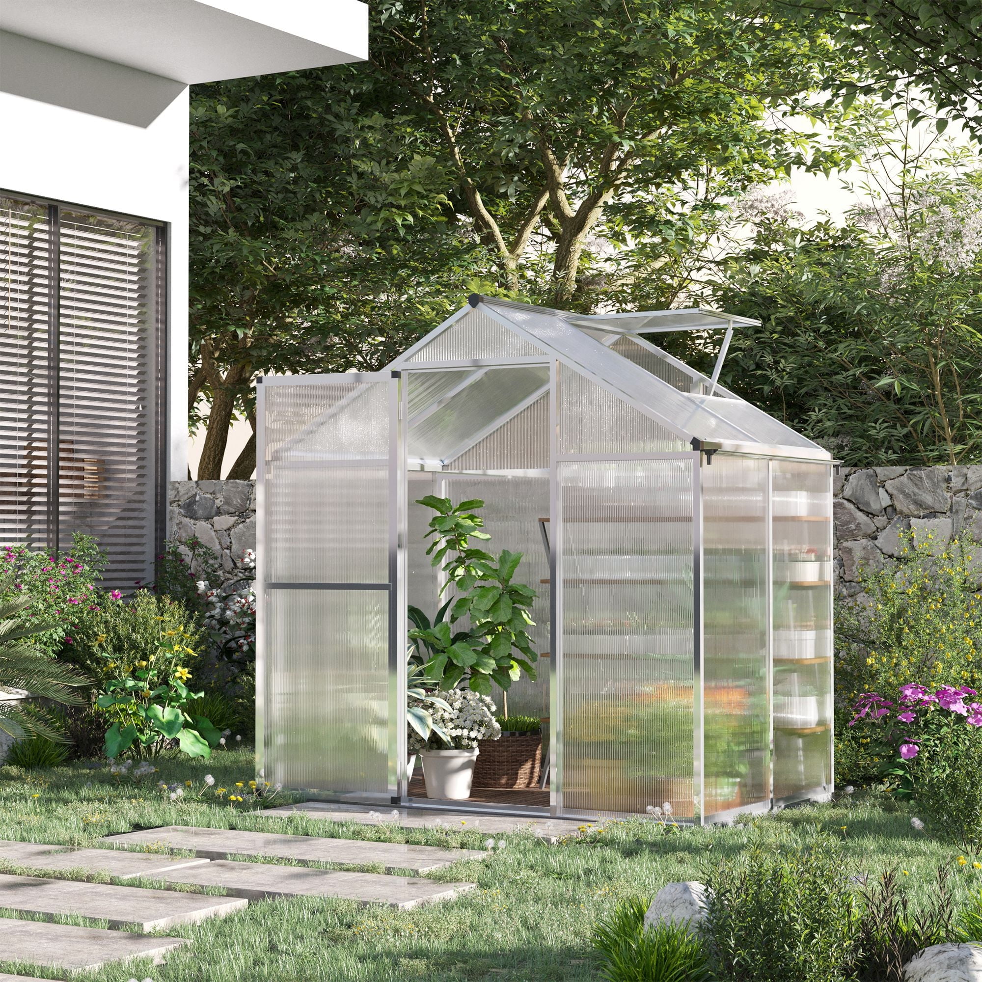 Outsunny 4x6' Walk-In Polycarbonate Greenhouse, UV Resistant, Vent