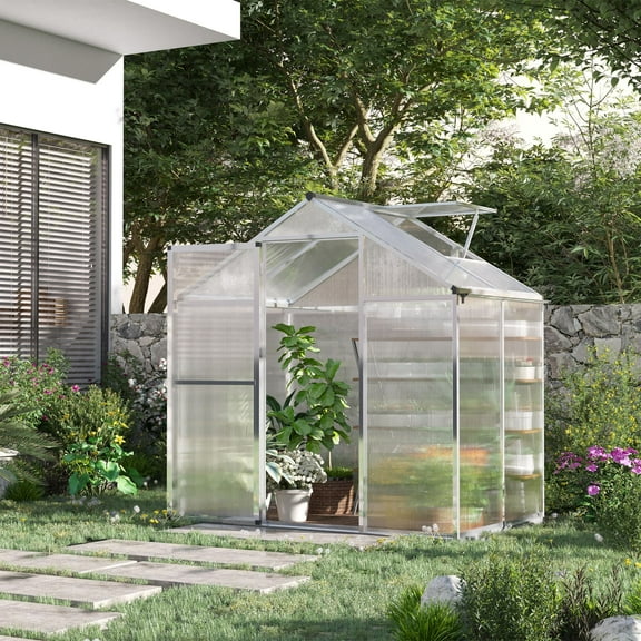 Outsunny 4' L x 6' W Walk-In Polycarbonate Greenhouse with Roof Vent for Ventilation & Rain Gutter, Hobby Greenhouse for Winter