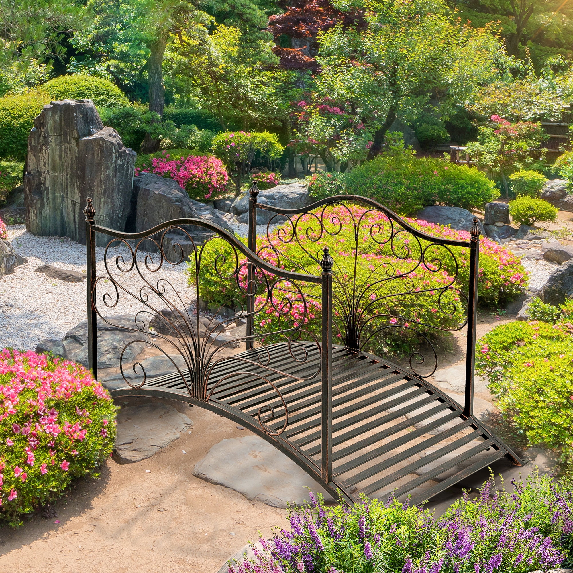Black Bronze 4-Foot Metal Arched Garden Bridge with Scrollwork